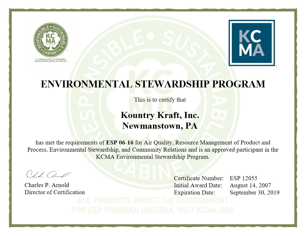 2018 Environmental Stewardship Program Kountry Kraft Certificate