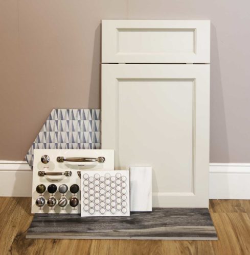 Vignette Showcasing a Kountry Kraft Door Style with Cliffside Industries hardware, Flooring and Backsplash