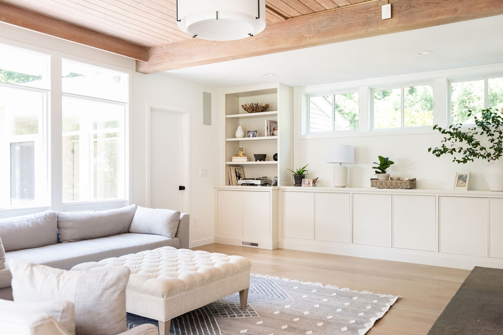 Built-in cabinet design has bottom storage and display shelving