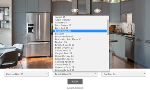 Drop downs to choose 3 color options to view in this virtual kitchen