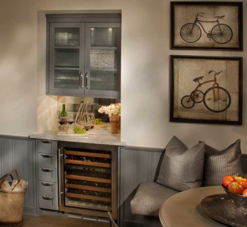 Custom Cabinets Design featuring a Wine Refrigerator and Frosted Glass Doors