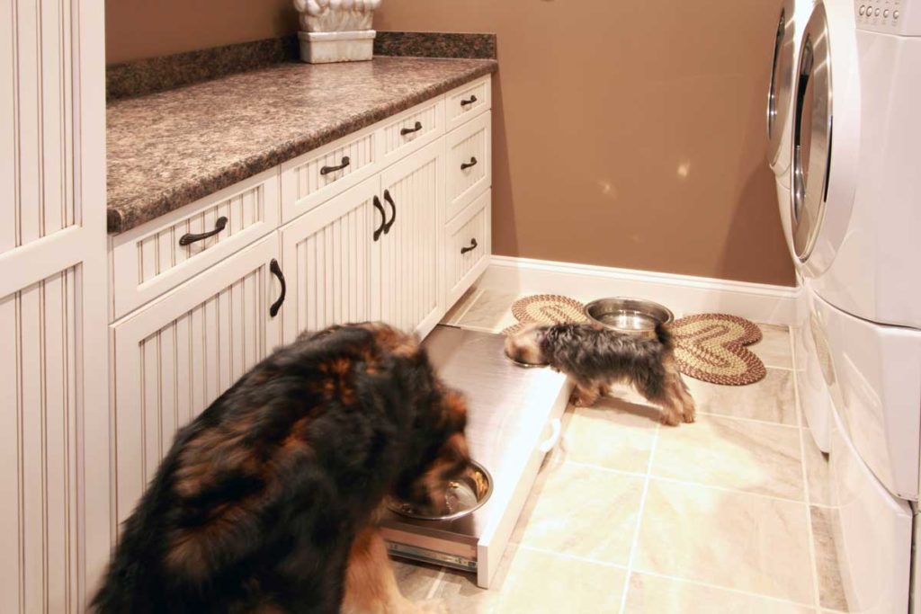 Pull Out Pet Drawer and Other Custom Storage Options Are Used in this traditional Kitchen Design