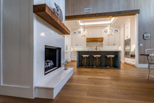 kitchen with fireplace in foreground