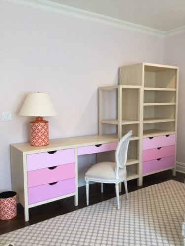 Ombre Painted Custom Office Cabinets Featuring Pull Out Drawers and Open Shelving from Kountry Kraft