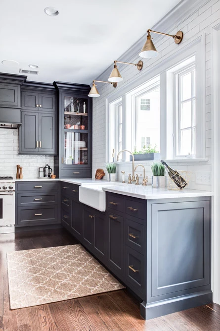 L-shaped counter with farmhouse sink and closed cabinets Summit, NJ