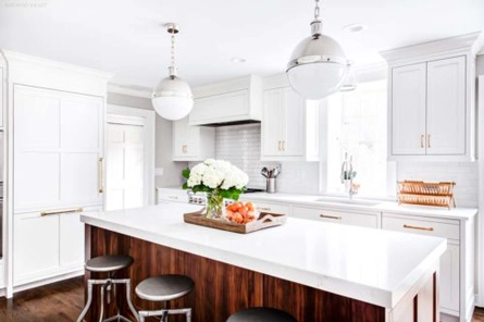 Natural Walnut Kitchen island and white cabinetry in Summit, NJ