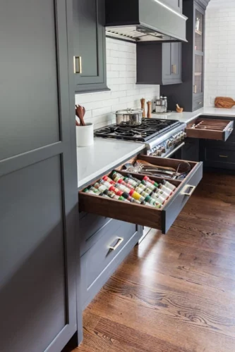 A black spice drawer is open. It was built by Kountry Kraft Cabinetry.