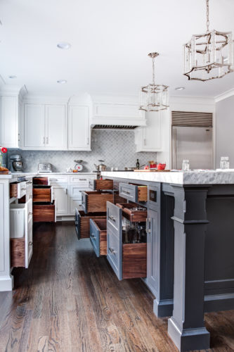 This U Shaped Transitional Kitchen Features Custom Crafted Cabinets with Dovetail Boxes and Drawers