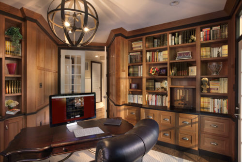 Custom Office Cabinets Featured in Cherry Wood to Create a Cohesive Look with the Custom Desk