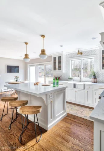 Montvale, New Jersey Kitchen with White Custom Cabinets and Kitchen Island