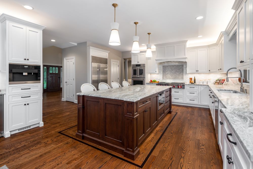 english walnut transitional kitchen island in new york kitchen