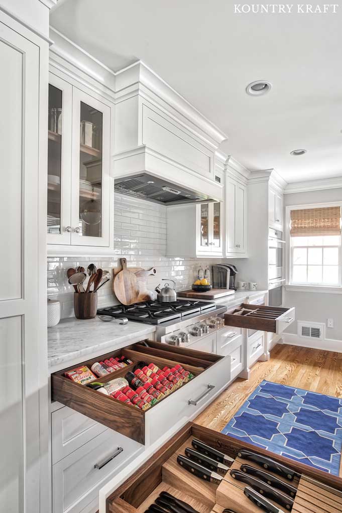 Alpine White Cabinetry for a Kitchen includes Spice Drawers and Drawers with Knife Blocks in Summit, NJ