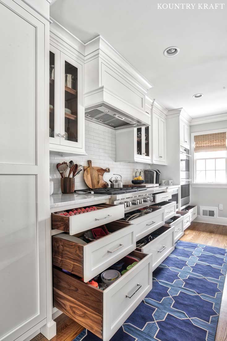 Alpine White Cabinetry with Walnut Dovetailed Drawers for a Large Transitional Kitchen in Summit, New Jersey