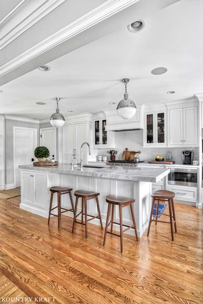 Transitional Kitchen with Large Island Alpine White Cabinetry and White Subway Tile Backsplash in Summit, NJ