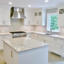 Alpine white kitchen with island, range, rangehood, and sink New Canaan, CT