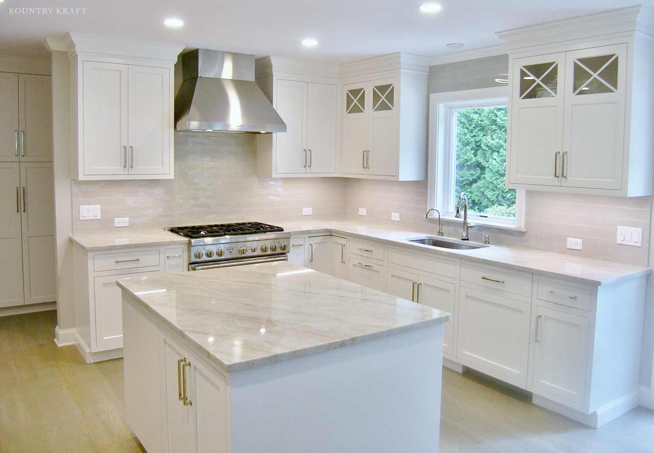Alpine white kitchen with island, range, rangehood, and sink New Canaan, CT