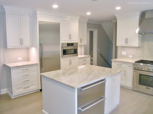 Alpine white kitchen with island, refrigerator, microwave, and range New Canaan, CT