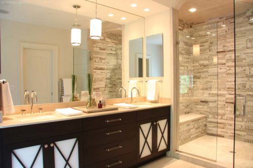 Custom bath vanity with dual sink and glass door shower Darien, CT