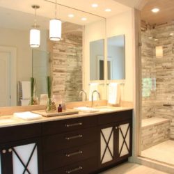 Bathroom with dual sink and glass door shower Darien, CT