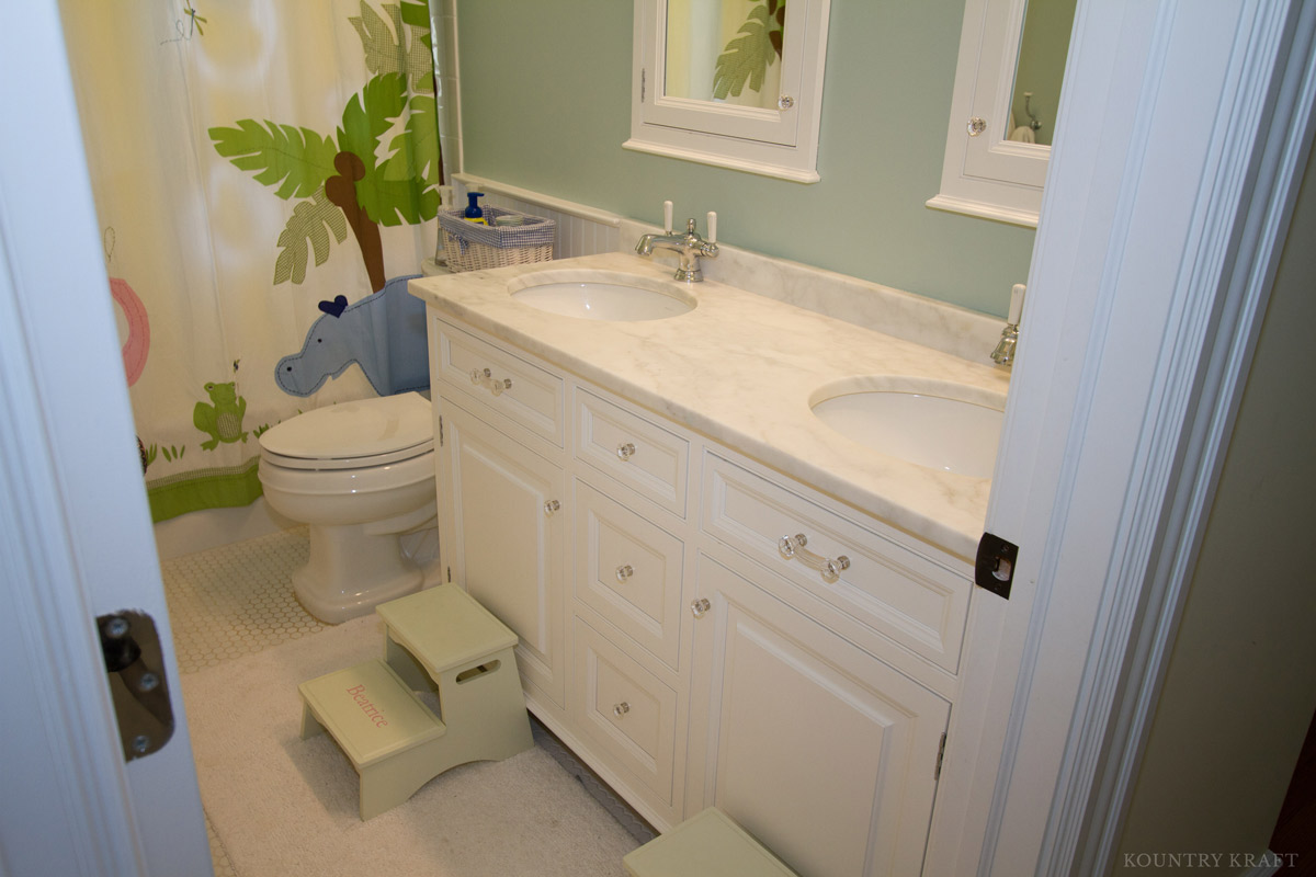 Children's double-sink vanity with kid's shower curtain North Haledon, NJ