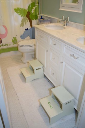 Kids bathroom cabinets, double-sink vanity and step stools North Haledon, NJ