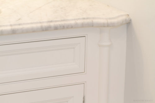 Close up of bathroom counter top featured in double sink vanity in white bathroom cabinets North Haledon, NJ