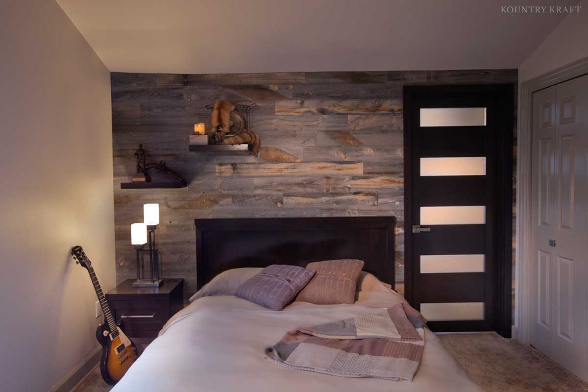 Bedroom with custom made door, headboard, and floating shelves Myerstown, PA