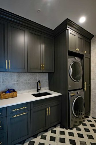 Transitional Style Laundry Room with Black Cabinets