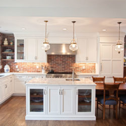 Overall view of kitchen with brick walls Madison, NJ