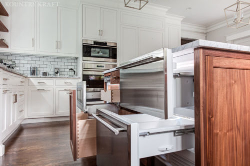 Cabinet storage ideas include under counter refrigerator drawers which provide easy access while cooking or baking