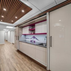 Cabinets in a commercial break room in a local office space with key features