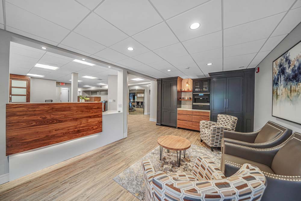 cabinets in commercial foyer with lobby furniture