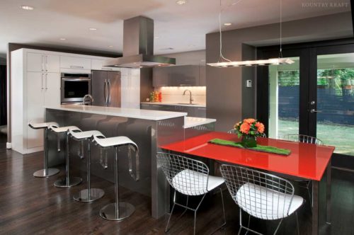 This Contemporary Kitchen Design Style Features A Multilevel Island And Red Table With Seats