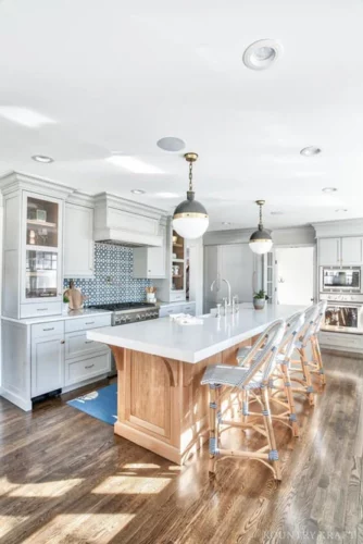 Coventry Gray Kitchen Cabinets and Rift Cut White Oak Kitchen Island in Chatham, New Jersey