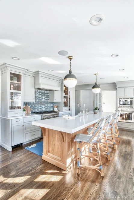 Coventry Gray Kitchen Cabinets and Rift Cut White Oak Kitchen Island in Chatham, New Jersey