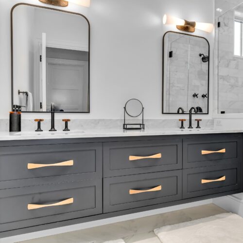 Double vanity with custom bathroom cabinets in Sea Isle City NJ designed with inset TW10916 doors