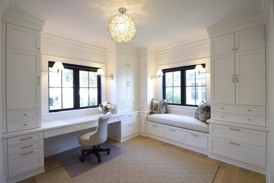 Custom bedroom cabinets in Annapolis MD with Alpine built-ins—desk, corner tower, and window seat by Kountry Kraft.