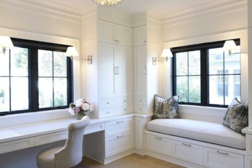 Center tower detail with drawers and window seat; custom bedroom cabinets in Annapolis MD by Kountry Kraft.