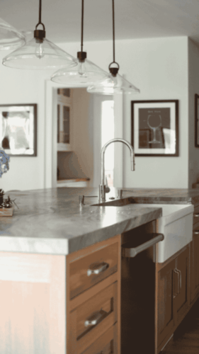 custom maple island with farmhouse sink and dishwasher