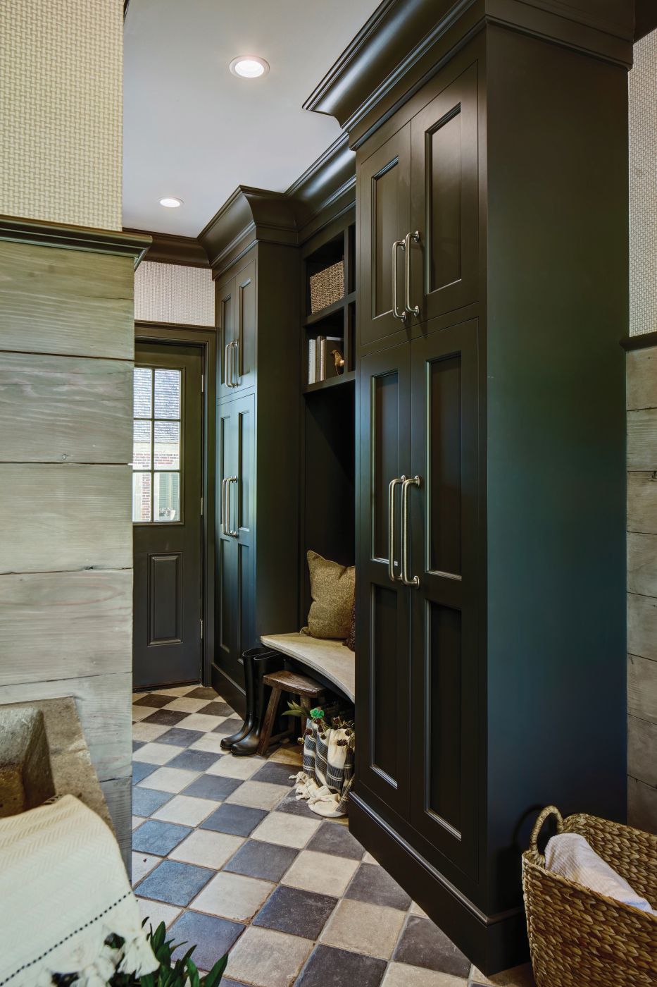 Custom mudroom cabinets in Mendham, NJ with inset Penn Line hard maple in Benjamin Moore Wrought Iron, designed by Wydian Kitchens.