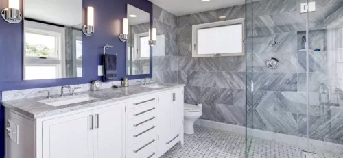 White Custom Double Vanity Cabinets for a Transitional Master Bathroom