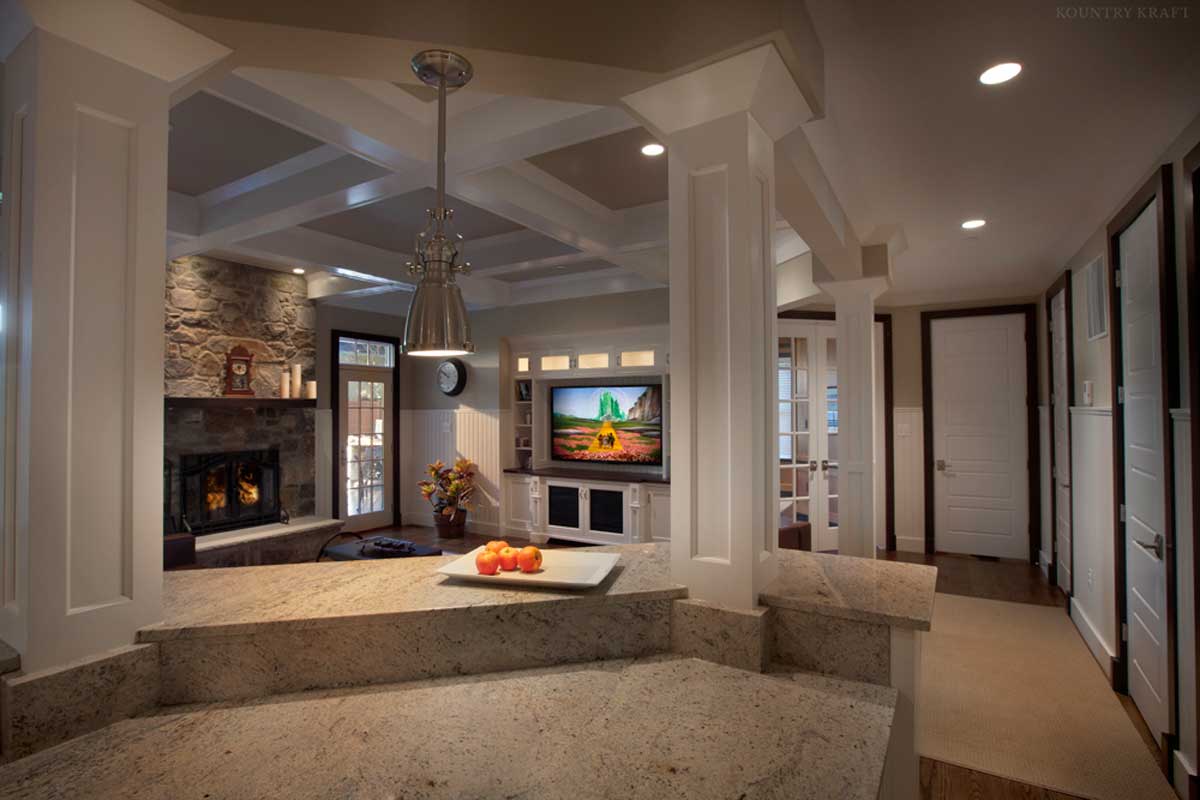 View of living room with columns from kitchen Bethesda, MD