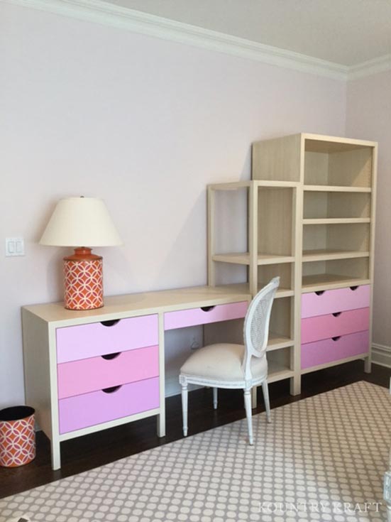 Custom Pink Desk Cabinets designed for a bedroom in Greenwich, Connecticut