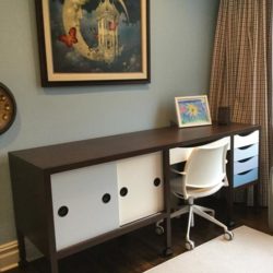 Custom Walnut Desk with a white drawer and a blue drawer in Greenwich, Connecticut