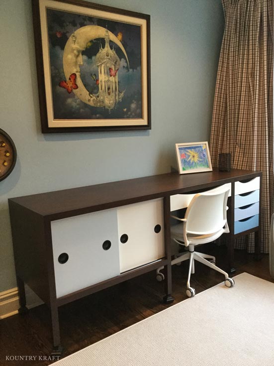 Custom Walnut Desk with a white drawer and a blue drawer in Greenwich, Connecticut