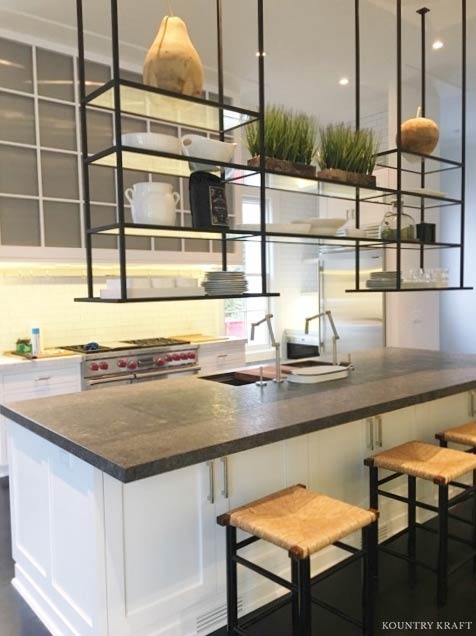 Kitchen island with stools and overhanging shelves Southampton, NY