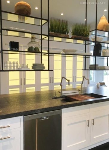 Close up of shelving hanging over kitchen island Southampton, NY