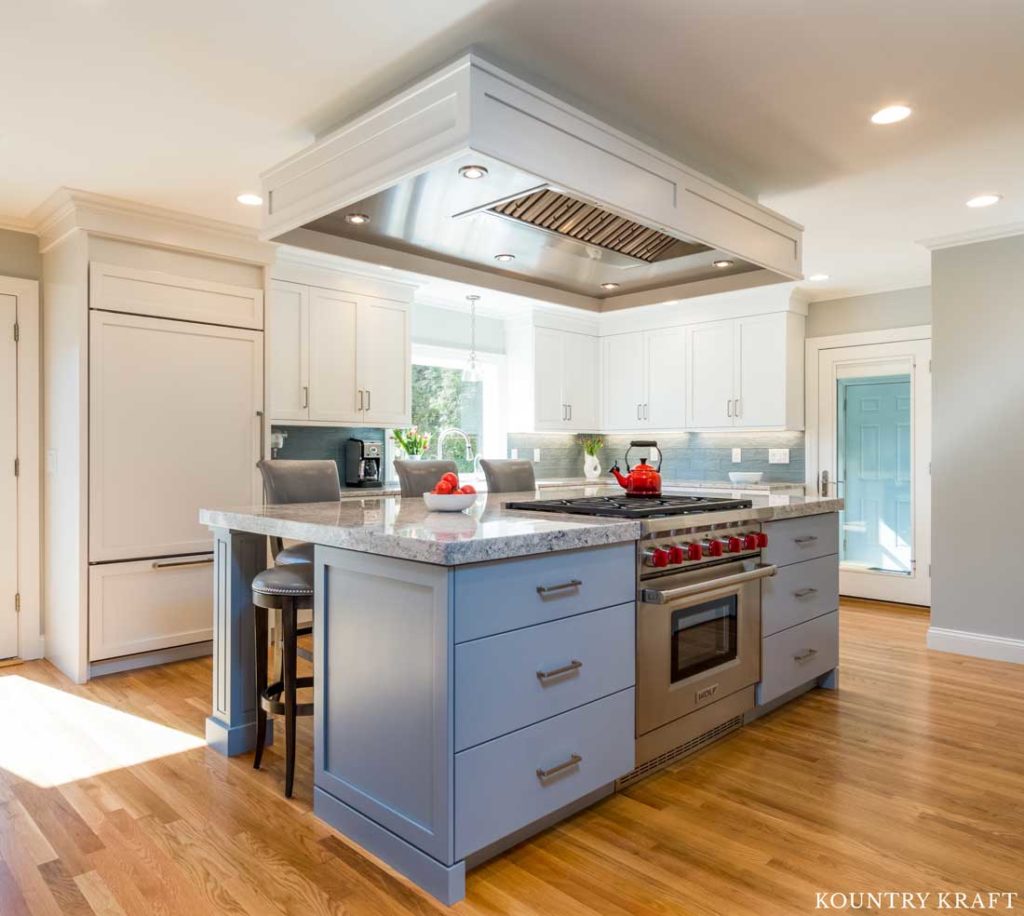 Shadow Gray Kitchen Island Cabinets with Sub-Zero and Wolf Range in Stainless Steel