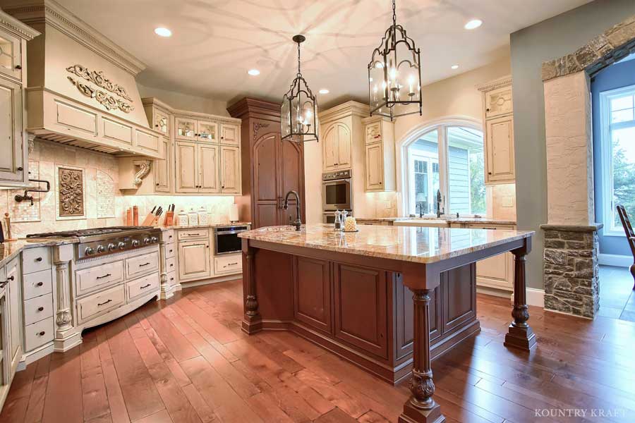 Custom Kitchen Cabinets with Distressed Finish for a large kitchen located in Mohnton, Pennsylvania