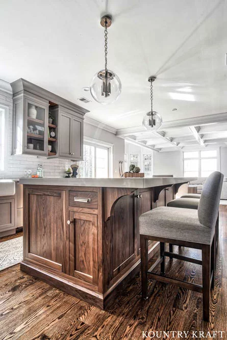 Wooden Features in this Kitchen Harmonize with Dovetail Painted Gray Kitchen Cabinets